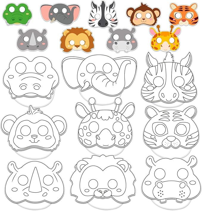36Sets Animal Coloring Mask Jungle Animal Crafts for Kids Color Your Own Paper Mask Easy DIY Wild Lion Masquerade Birthday Party Dress-Up Decoration Favor School Classroom Activity Game Supplies