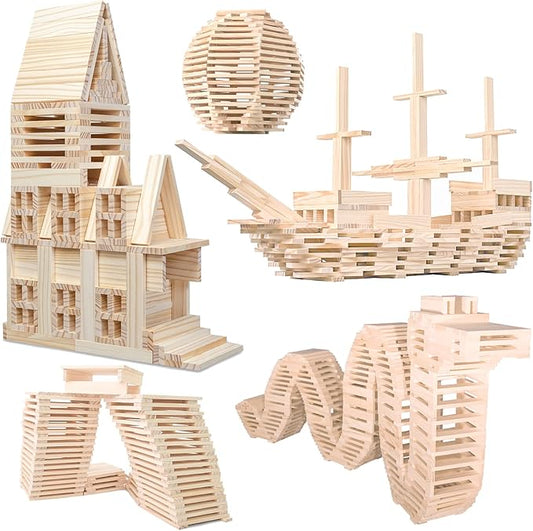 Wooden Plank Building Blocks 200PCS Sensory Toy for Kids, Montessori STEM Playset with Natural Pine Wood Creative Shapes for Educational Preschool Learning 3D Space Stacking Games for Boys Girls