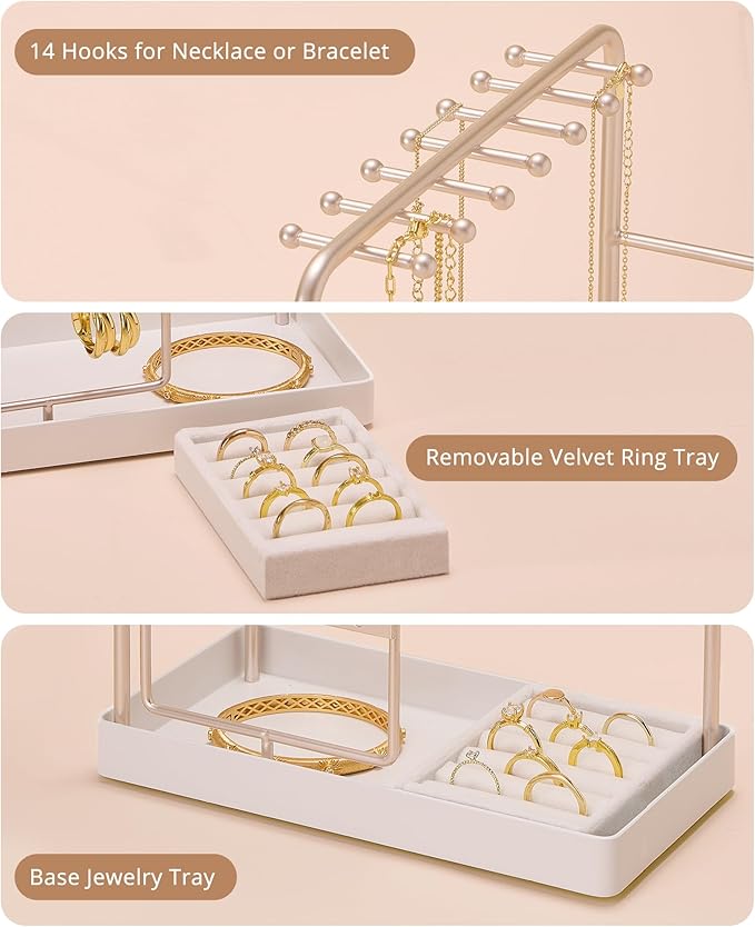 ProCase Jewelry Stand Holder Organizer, Jewelry Display Storage with Ring Tray, Rotating Earring Bracelet Necklace Holder, Valentine's Gifts Room Dorm Decor for Teen Girls -Champagne (No-Assembly)
