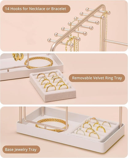 ProCase Jewelry Stand Holder Organizer, Jewelry Display Storage with Ring Tray, Rotating Earring Bracelet Necklace Holder, Valentine's Gifts Room Dorm Decor for Teen Girls -Champagne (No-Assembly)