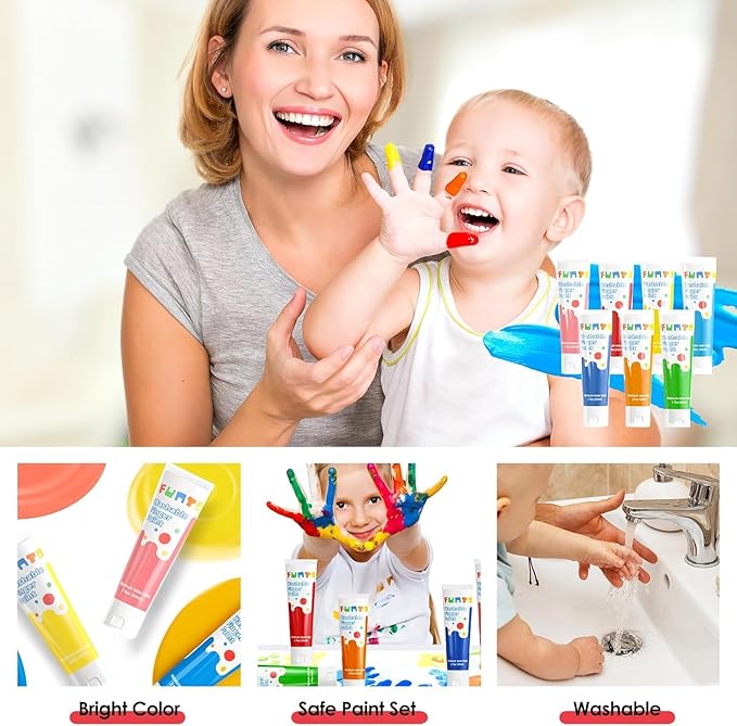Funto Kids Washable Finger Paint Set, 25 PCS Non Toxic Art Painting Supplies for Baby, Includes Finger Paint Paper Roll, Brush Set, Arts Crafts for Toddlers Age 1-3