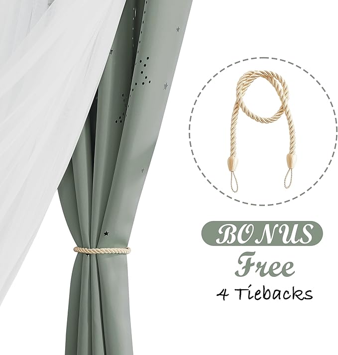 NICETOWN Nrsery Curtains for Girls Bedroom Nursery Room Darkening Curtains Star Moon Cutout Princess Room Decor for Daughter Bedroom Window, 52" Wide x 84" Long, 2 Panels, Sage Green