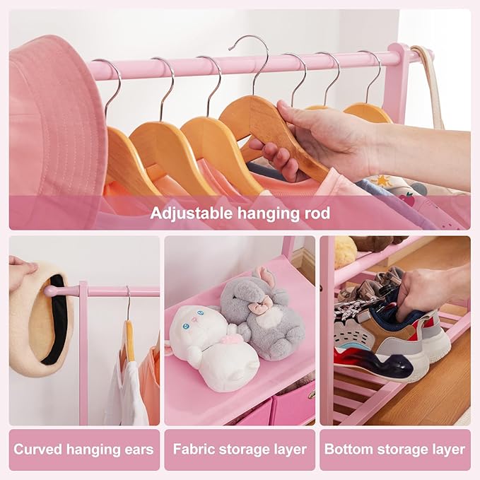 Kids Clothing Rack Bamboo with 2 Storage Baskets and 2 Adjustable Hanging Rods,Child Garment Holder with Shelf, Dress up Stand for Playroom,Toddlers Bedroom (Pink)