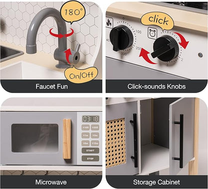 ROBOTIME Wooden Play Kitchen, Kids & Toddlers Kitchen Playset, Kids Play Kitchen Pretend Play Set with Lights & Sounds, Toy Kitchen for Ages 3+ (Gray)