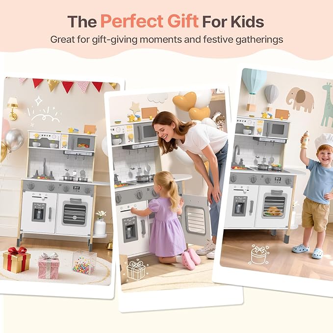 BIERUM Play Kitchen, Wooden Kids Kitchen Playset for Toddlers with Real Lights & Sounds, Height Adjustable Toys Kitchen with 30 Pcs Toy Food & Cookware Accessories