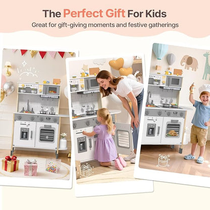 BIERUM Play Kitchen, Wooden Kids Kitchen Playset for Toddlers with Real Lights & Sounds, Height Adjustable Toys Kitchen with 30 Pcs Toy Food & Cookware Accessories