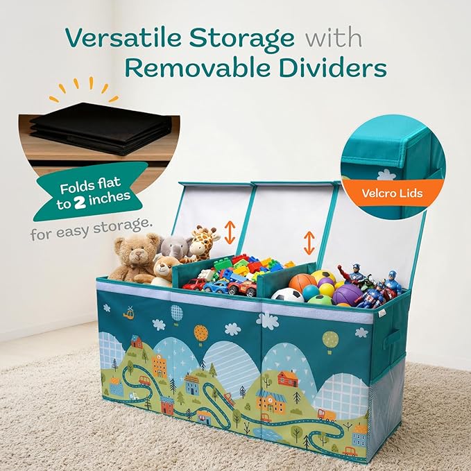 SoftOwl Extra Large Toy Storage Organizer with Lid - Sturdy, Collapsible Toy Chest Storage Box with Cute Design - Toys Bin with Dividers for Kids, Boys, Girls, Nursery, Bedroom, Play room 37"x16"x14"