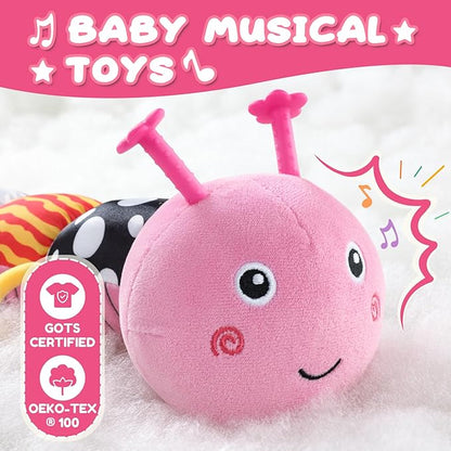 AWOTOY Baby Toys 0-6-12 Months,Musical Caterpillar Stuffed Animals Activity Infant Toys with Crinkle,Rattles,Mirror&Pull String,Muti-Sensory Toys Gifts for Newborn Tummy Time,Pink,Knot prolegs