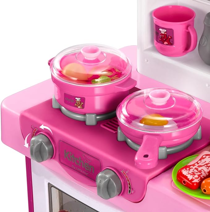 TEMI Play Kitchen Playset Pretend Food - 53 Pieces Pink Kitchen Toys for Toddlers, Toy Accessories Toddler Set with Sound and Light, Toddler Outdoor Playset for Kids, Girls and Boys
