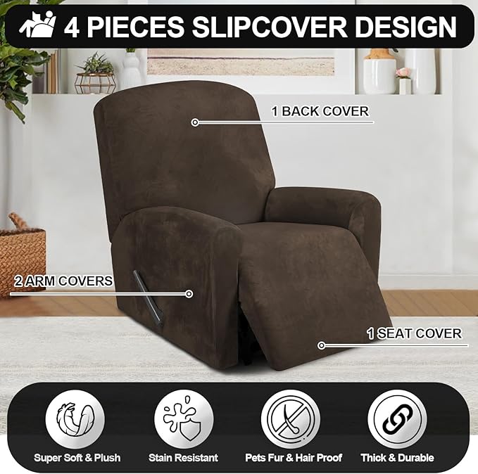 FestiCorp Recliner Chair Covers Real Velvet 4-Pieces Recliner Covers for Small Lazy Boy Recliner Chair Stretch Recliner Sofa Slipcovers Furniture Protector with Side Pocket & Elastic Bottom, Brown