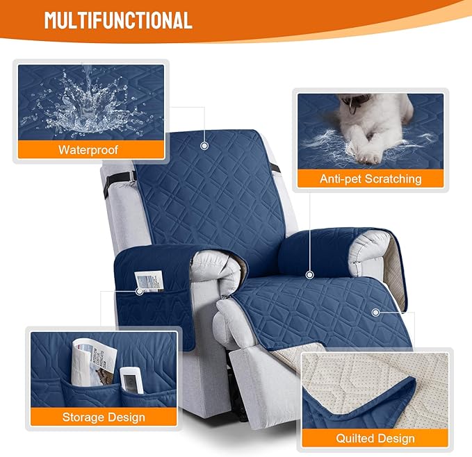 VANSOFY 100% Waterproof Recliner Chair Covers, Recliner Cover Non-Slip Dog Chair Cover Furniture Protector Washable Slipcover with Pocket, Elastic Straps for Pets, Dogs(Ocean Blue, 23.6")
