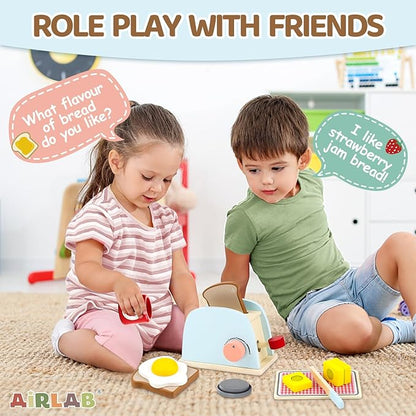 Airlab Play Kitchen Accessories Toddlers 1-3 Wooden Pop-up Toaster Toy Play Food Kids Age 1 2 3, Bread, Butter, Poached Egg Cutting Pretend Toys for 2-4 Year Old Toddlers Boys Girls
