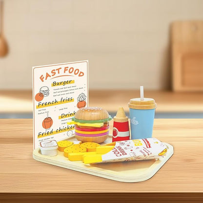 Wooden Play Food Set for Kids, Pretend Fast Food Playset, Wooden Hamburger French Fries Toy, Play Kitchen Accessories for Toddlers with Car Toy, Educational Toys Gift for Boys Girls