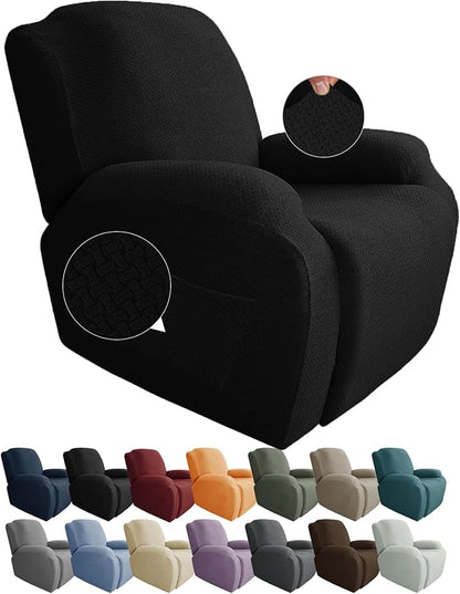 JIVINER Oversized Recliner Chair Covers 4 Piece Stretch Lazy Boy Recliner Sofa Slipcover Jacquard Large Recliner Covers with Elastic Bottom Soft Furniture Protector (XL Recliner,Black)