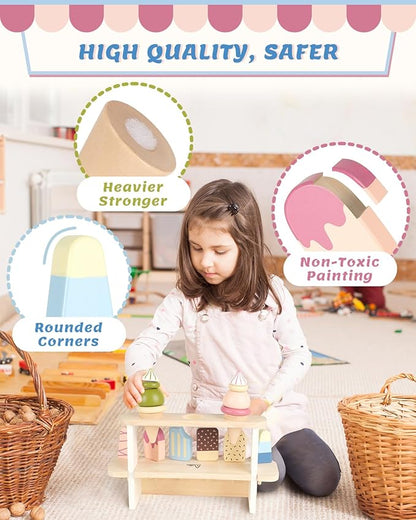 Ice Cream Toys for Toddlers 3-5, Wooden Ice Cream Stand for Kids, Popsicle Toys Ice Cream Set, Kids Ice Cream Shop Playset, Ice Cream Truck Toy Gift for Girl Boy 3 4 5 Years, Wooden Play Food Set