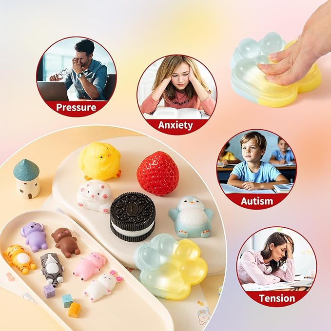 12 Pcs Taba Squishy Toys Pack Include (1 Strawberry,1 Cat Paw,1 Cookie,1 Hamster,1 Chick,1 Penguin,6 Mochi) Cute Taba Sensory Stress Relief Toys,Squishy Fidget Toys Adults,Party Favors Gifts for Kids