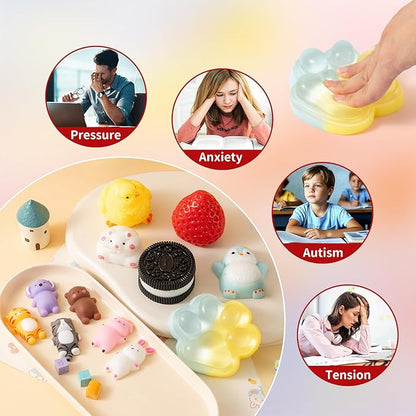 12 Pcs Taba Squishy Toys Pack Include (1 Strawberry,1 Cat Paw,1 Cookie,1 Hamster,1 Chick,1 Penguin,6 Mochi) Cute Taba Sensory Stress Relief Toys,Squishy Fidget Toys Adults,Party Favors Gifts for Kids