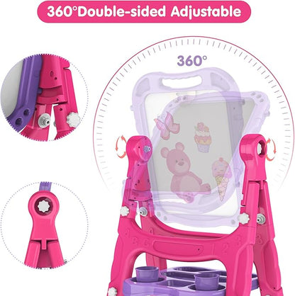 Amagoing Easel for Kids, Adjustable Standing Art Easel for Toddler, Double Drawing Board with Painting Accessories, Birthday Christmas Gift for Little Boys and Girls, Middle Size Purple