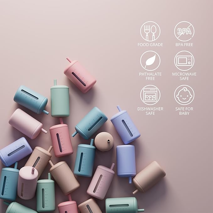 Silicone Straw Cup, 200ml Trainer Cup Toddler Training Straw Cup for Boys and Girls, Unbreakable, 100% Food Grade Silicone (Natural/Cambridge Blue)