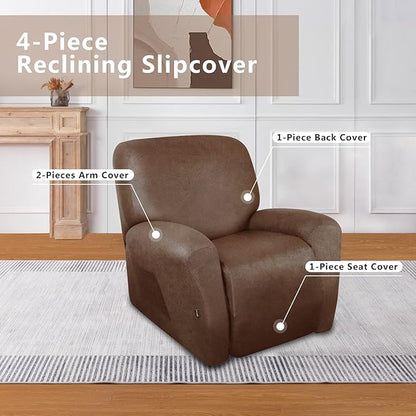 molasofa Recliner Chair Covers Large Size Oversized - 4 Pieces Leather Like Extra Large Recliner Chair Covers Stretch Recliner Slipcover for Lazy Boy Wide Recliner Chair Washable (Brown)