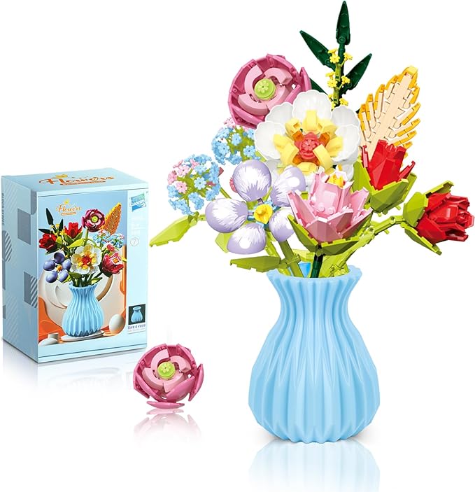 Flowers Bouquet Building Set with Vase, 8 Kinds Artificial Flowers Bouquet Set for Adults, Women, Girls, Idea Gifts for Mother's Day, Birthdays, DIY Unique Decoration for Home Room, 691PCS