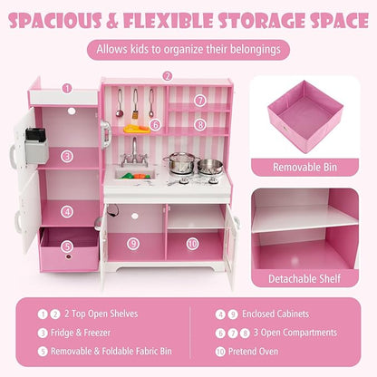 KOTEK Play Kitchen with Lights and Sounds, Wooden Toddler Kitchen Playset w/Ice Maker, Washing Machine, 16 Accessories & Stove, Chef Pretend Play Toy Kitchen Set for Kids Girls & Boys Ages 3+ (Pink)