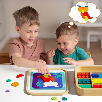 Wooden Magnetic Pattern Blocks with Cards, 288 PCS Montessori Tangram Puzzle Learning Toys for Toddlers 3-5, Educational STEM Gift for Kids Boys Girls 3 4 5 6