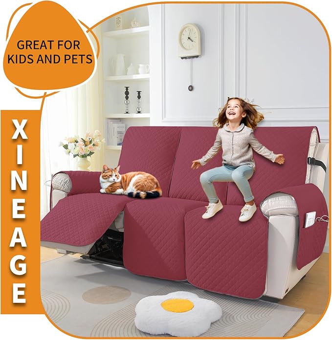 XINEAGE Water Resistant Recliner Cover, 3 seat Recliner Sofa Covers with Pockets, Quilted Thick Recliner Protector Cover for Dog Pets with Non Slip Backing and Strap (Recliner Sofa, Red)