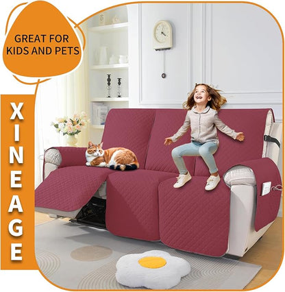 XINEAGE Water Resistant Recliner Cover, 3 seat Recliner Sofa Covers with Pockets, Quilted Thick Recliner Protector Cover for Dog Pets with Non Slip Backing and Strap (Recliner Sofa, Red)
