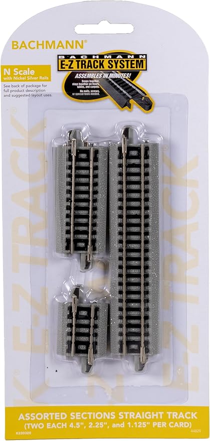Bachmann Trains - Snap-Fit E-Z TRACK ASST. SECTIONS STRAIGHT TRACK (2 each 4.50", 2.25" and 1.125" per card) - NICKEL SILVER Rail With Grey Roadbed - N Scale, 8