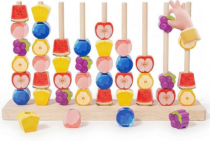 Wooden Fruit Sorting Stacking Toys for Toddlers - Montessori Logic Puzzle Game, Color Matching & Fine Motor Skills Educational Learning Gift for 3 4 5 Year Old Kids, Brain Teaser with Fruit Blocks