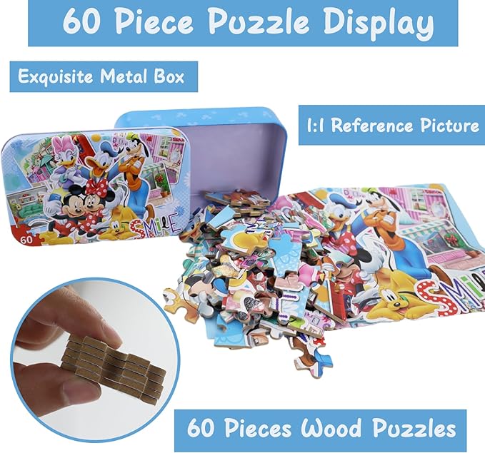 Minnie Mickey Puzzles for Kids Ages 4-8 60 Pieces Puzzles for Kids Ages 3-5 Mickey Mouse Puzzles for Girls and Boys Toys Jigsaw Puzzles in a Metal Box Educational Puzzles (Minnie Mickey 0687)