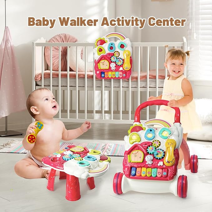 Sit to Stand Baby Walker, Activity Center with Music and Light, Toy Microwave Oven Playset with Light and Sound