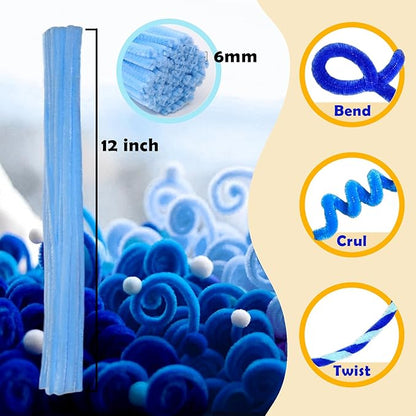 Blue Color Trio Pipe Cleaner Set - 300pcs, Thick Fluffy Chenille Stems for Arts & Crafts, Perfect for Making Animals, Flowers, and Festive Decorations(12 inches x 0.24 inches)