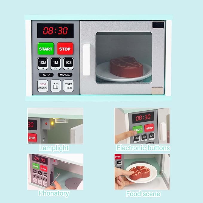 Toddler Play Kitchen Toys, Wooden Microwave Oven with Light and Realistic Sound, Pretend Play Kitchen Accessories, Learning Toy Birthday Gifts for Boys Girls 3-8 Year Old