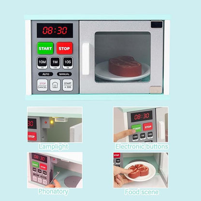 Toddler Play Kitchen Toys, Wooden Microwave Oven with Light and Realistic Sound, Pretend Play Kitchen Accessories, Learning Toy Birthday Gifts for Boys Girls 3-8 Year Old