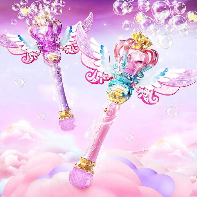 Uregoio 2 Pack Princess Bubble Wands Machine for Girls with Rotating Design, Outdoor Bubble Maker Toys for Kids Ages 4-8, Rechargeable Light & Music Fairy Wands for Party Birthday(Pink & Purple)
