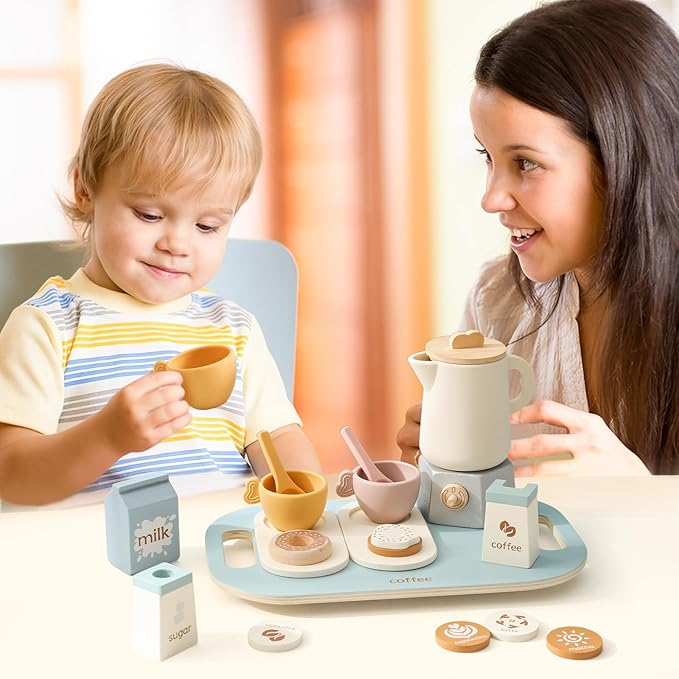 Tea Party Set for Kids, Wooden Tea Set for Little Girls and Boys, Kids Play Kitchen Accessories Toy Tea Set for Toddler, Pretend Play Toddler Tea Set Ideal Gift (Light Blue Coffee Tea Set)