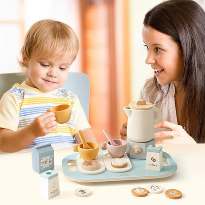 Tea Party Set for Kids, Wooden Tea Set for Little Girls and Boys, Kids Play Kitchen Accessories Toy Tea Set for Toddler, Pretend Play Toddler Tea Set Ideal Gift (Light Blue Coffee Tea Set)