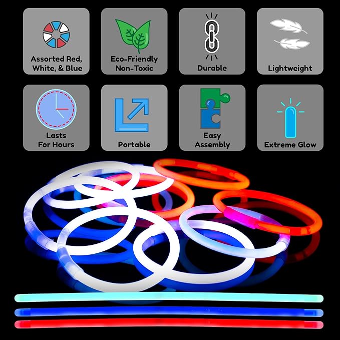 8" Glow Stick Bracelets - Bulk 50 Pack for Mardi Gras, St. Patrick's Day, and Nighttime Celebrations - Red/White/Blue