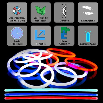 8" Glow Stick Bracelets - Bulk 50 Pack for Mardi Gras, St. Patrick's Day, and Nighttime Celebrations - Red/White/Blue