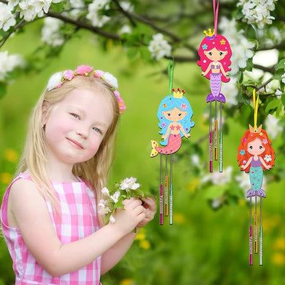 Fennoral 9 Pack Mermaid Wind Chime Kit for Kids Make Your Own Wind Chime Wooden Arts and Crafts for Girls Boys Ornaments DIY Coloring Mermaid for Summer Art Activity Birthday Party Decoration