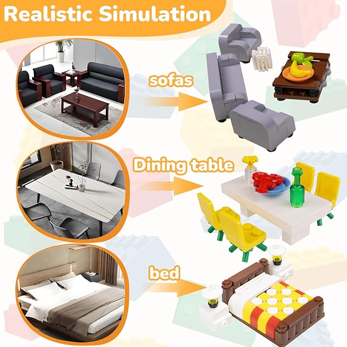 Building Block Furniture, Includes Items Such as a Bed, TV, Bookshelf, Kitchen cabinets, It Serves as Furniture for Decorating Lego City Mansion Houses and is Compatible with Major Brands Bricks