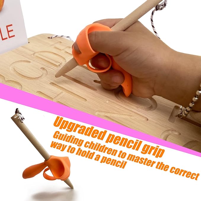 Montessori Alphabet Tracing Board, Oak Made Come with 26 Pcs Cards & Pen Grip Toddlers Double-Side Learning Toys ABC 3+ Kids Preschool Practice Materials Letters Writing Homeschool