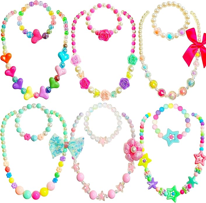 Necklaces and Bracelets for Girls, Little Girl Princess Pretend Play and Dress Up Jewelry Set, Party Favors Jewelry for Kids, Little Princess Jewelry Gift, 6 Sets