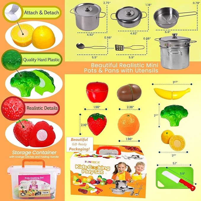 FUNERICA Play Food and Realistic Stainless-Steel Pots and Pans and Utensils - Cutting Fake Food and Pretend Toy Kitchen Accessories Cooking Toy Playset for Toddlers and Kids