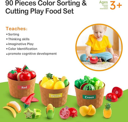 90Pcs Kitchen Playset Accessories, Pretend Cooking with Pots, Pans, Cookware, Food, Fruit, Veges, Color Sorting Baskets, Prop Money, Learning Gift for Girls Boys Toddlers (Blue)