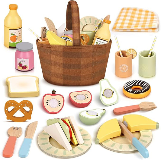 Dreamon Wooden Play Food Set - 22 Pcs Play Food Sets for Kids Kitchen with Carry Basket,Pretend Food for Toddlers,Cutting Food Toys for Toddlers for 3+ Year Old Boys and Girls Gifts