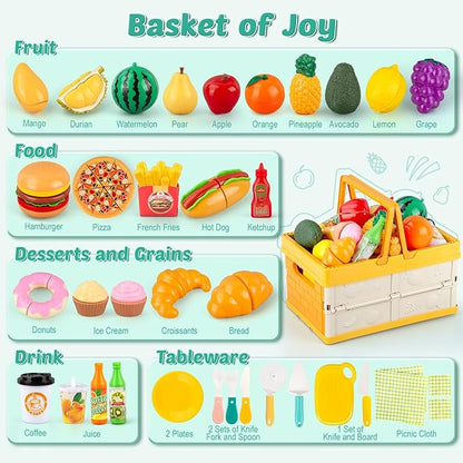 Play Food Sets for Kids Kitchen, Picnic Basket Toy Food Cutting Set with Cutlery and Blanket, Toddler Play Kitchen Accessories with Fruits, Juice, Fake Food with Pizza Toys for Boys Girls