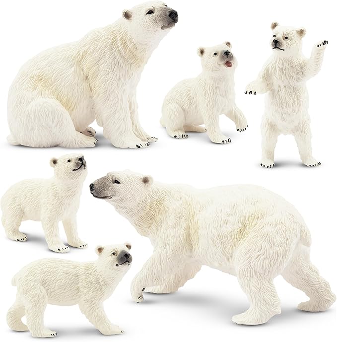 Toymany 6PCS Polar Bear Figurines Toy with Polar Bear Cub, 2-4" Realistic Plastic Arctic Animals Figures Family Set for Christmas Educational Toys Cake Toppers Birthday Gifts for Kids
